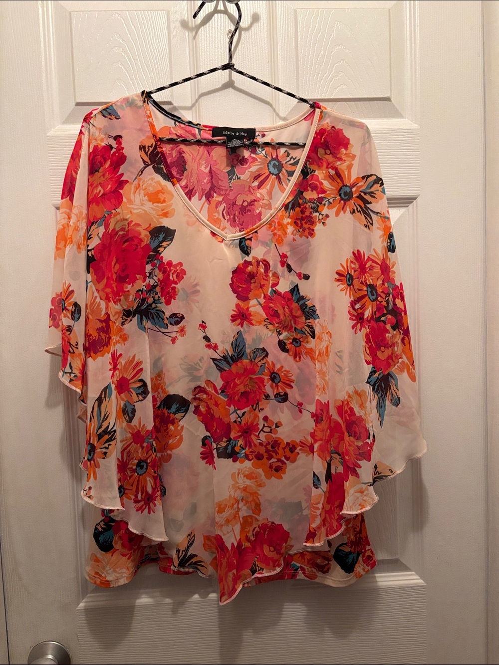 Adelyn & Ava Floral V-Neck Chiffon Tunic - Pink & Orange
